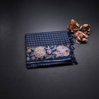 Raw Silk Dark Blue Zari Checked Saree And Floral Thread Border