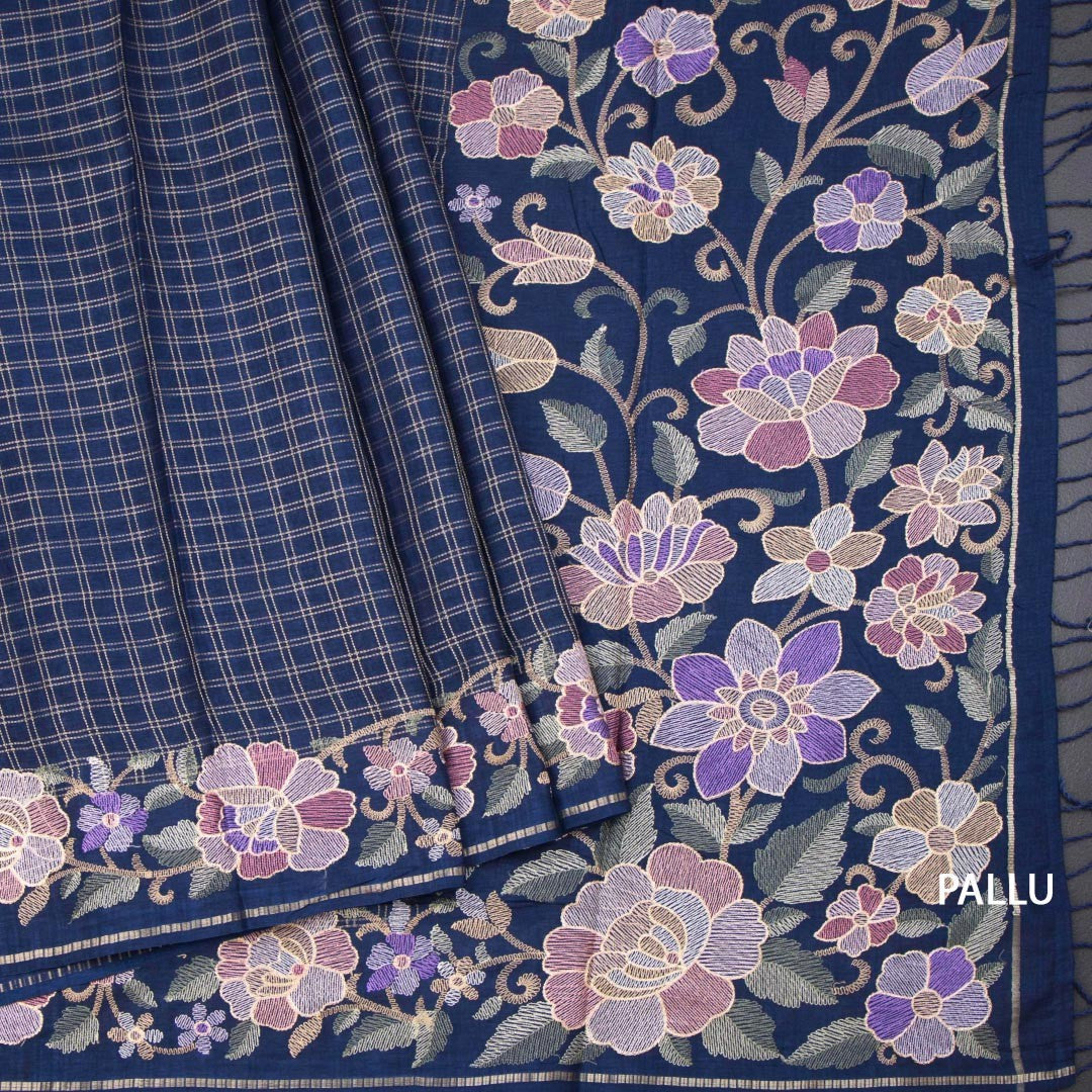 Raw Silk Dark Blue Zari Checked Saree And Floral Thread Border