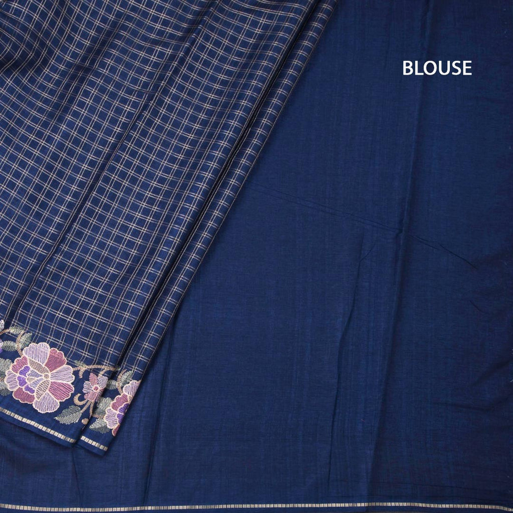 Raw Silk Dark Blue Zari Checked Saree And Floral Thread Border
