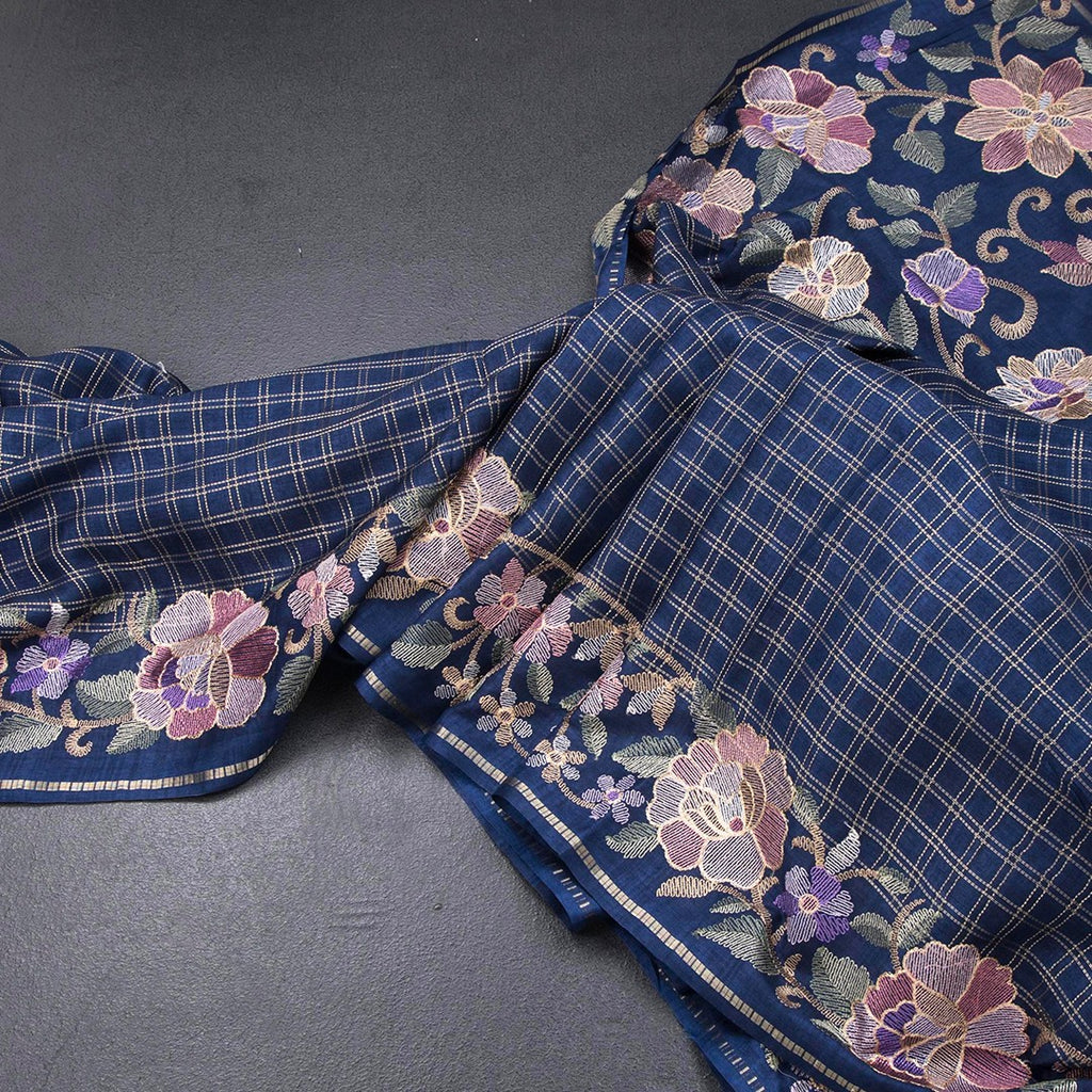 Raw Silk Dark Blue Zari Checked Saree And Floral Thread Border