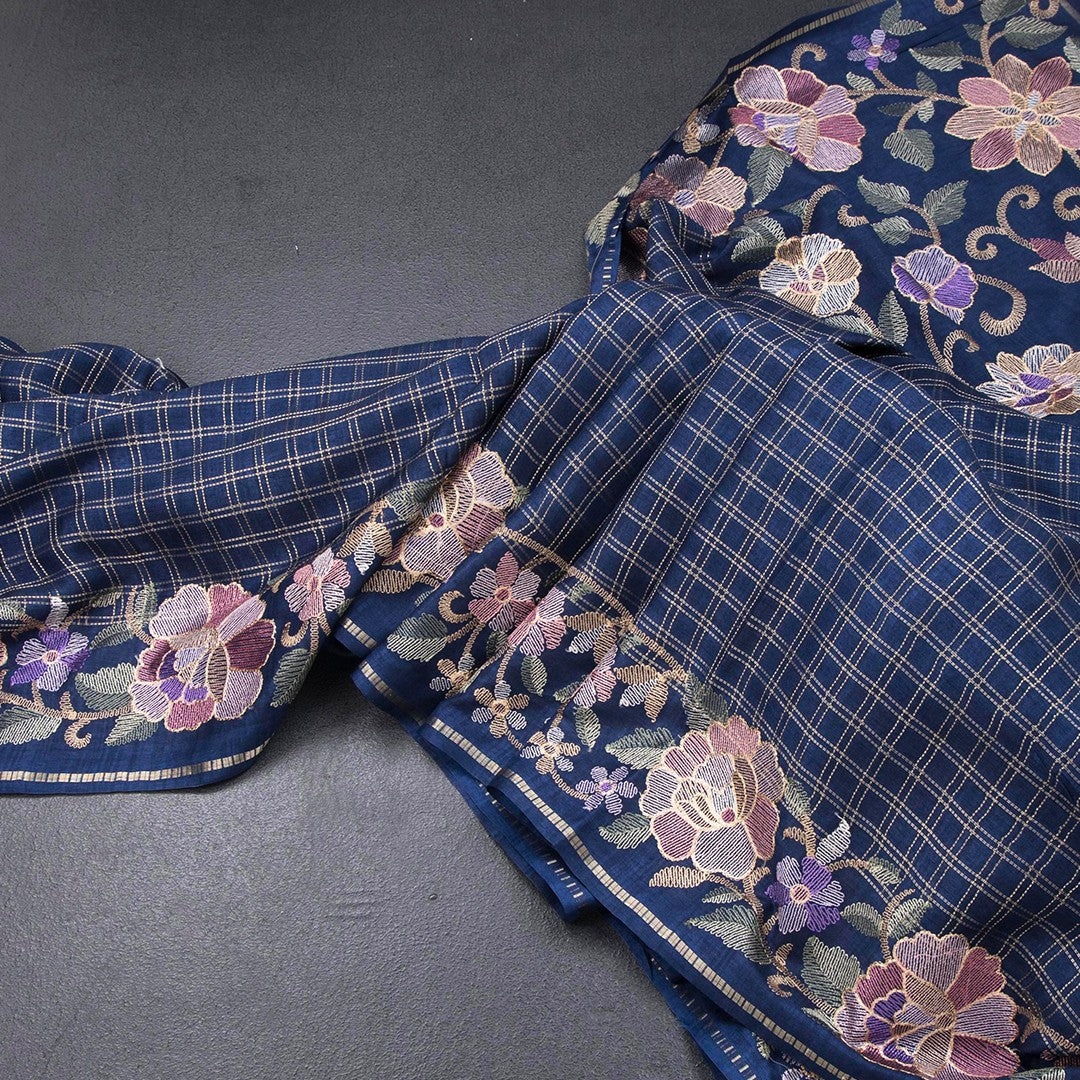 Raw Silk Dark Blue Zari Checked Saree And Floral Thread Border