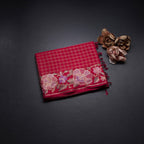 Raw Silk Red Zari Checked Saree And Floral Thread Border