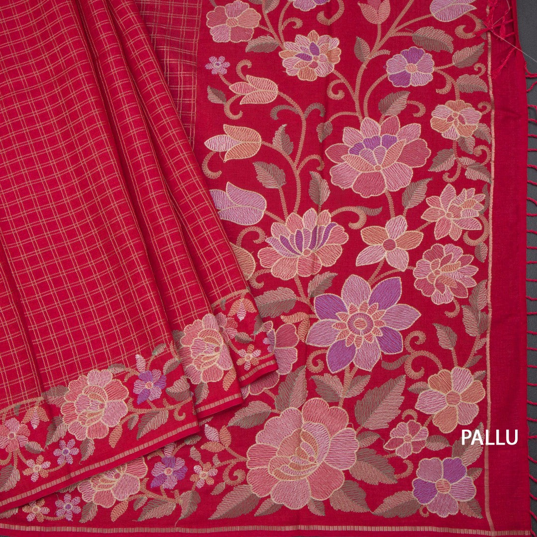 Raw Silk Red Zari Checked Saree And Floral Thread Border