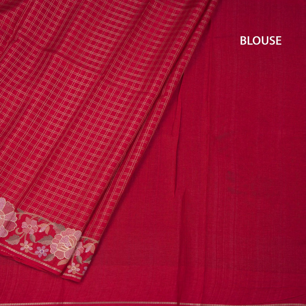 Raw Silk Red Zari Checked Saree And Floral Thread Border