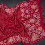 Raw Silk Red Zari Checked Saree And Floral Thread Border