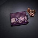 Raw Silk Dark Purple Zari Checked Saree And Floral Thread Border