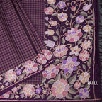 Raw Silk Dark Purple Zari Checked Saree And Floral Thread Border