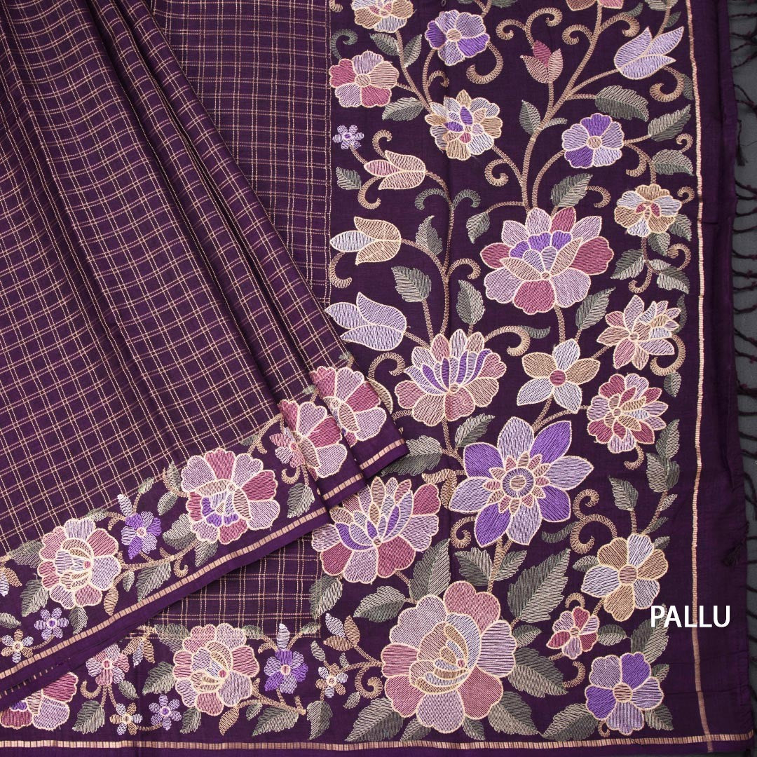 Raw Silk Dark Purple Zari Checked Saree And Floral Thread Border