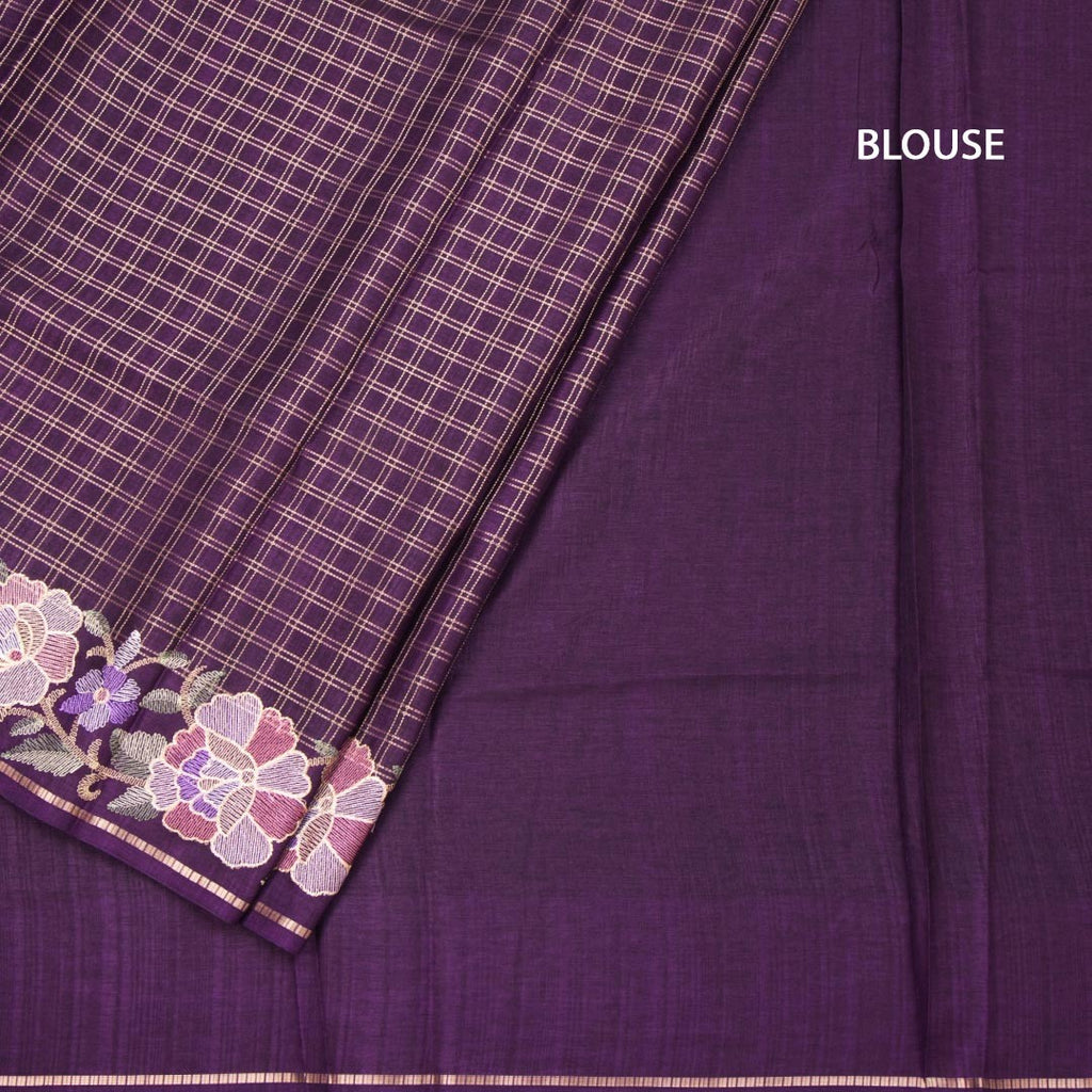 Raw Silk Dark Purple Zari Checked Saree And Floral Thread Border