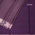 Raw Silk Dark Purple Zari Checked Saree And Floral Thread Border