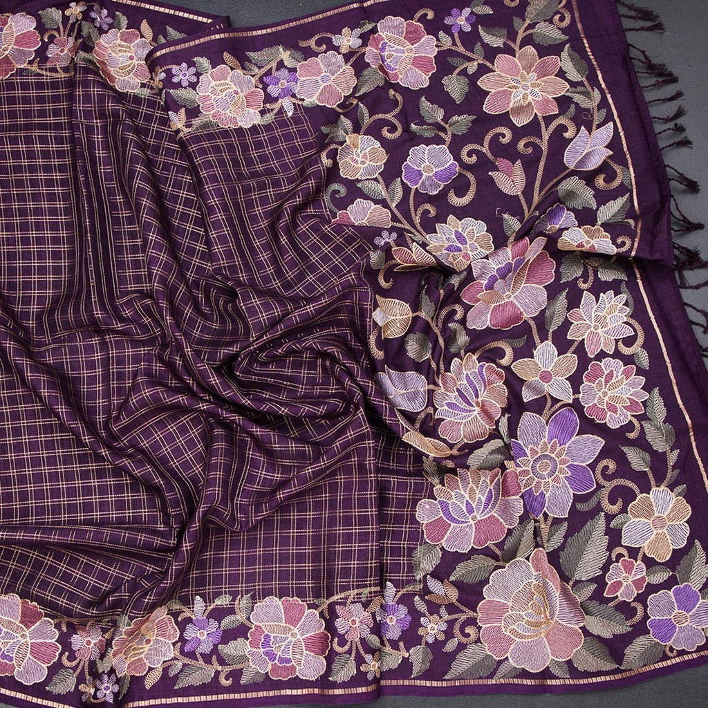 Raw Silk Dark Purple Zari Checked Saree And Floral Thread Border