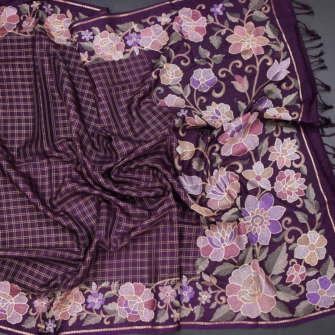 Raw Silk Dark Purple Zari Checked Saree And Floral Thread Border