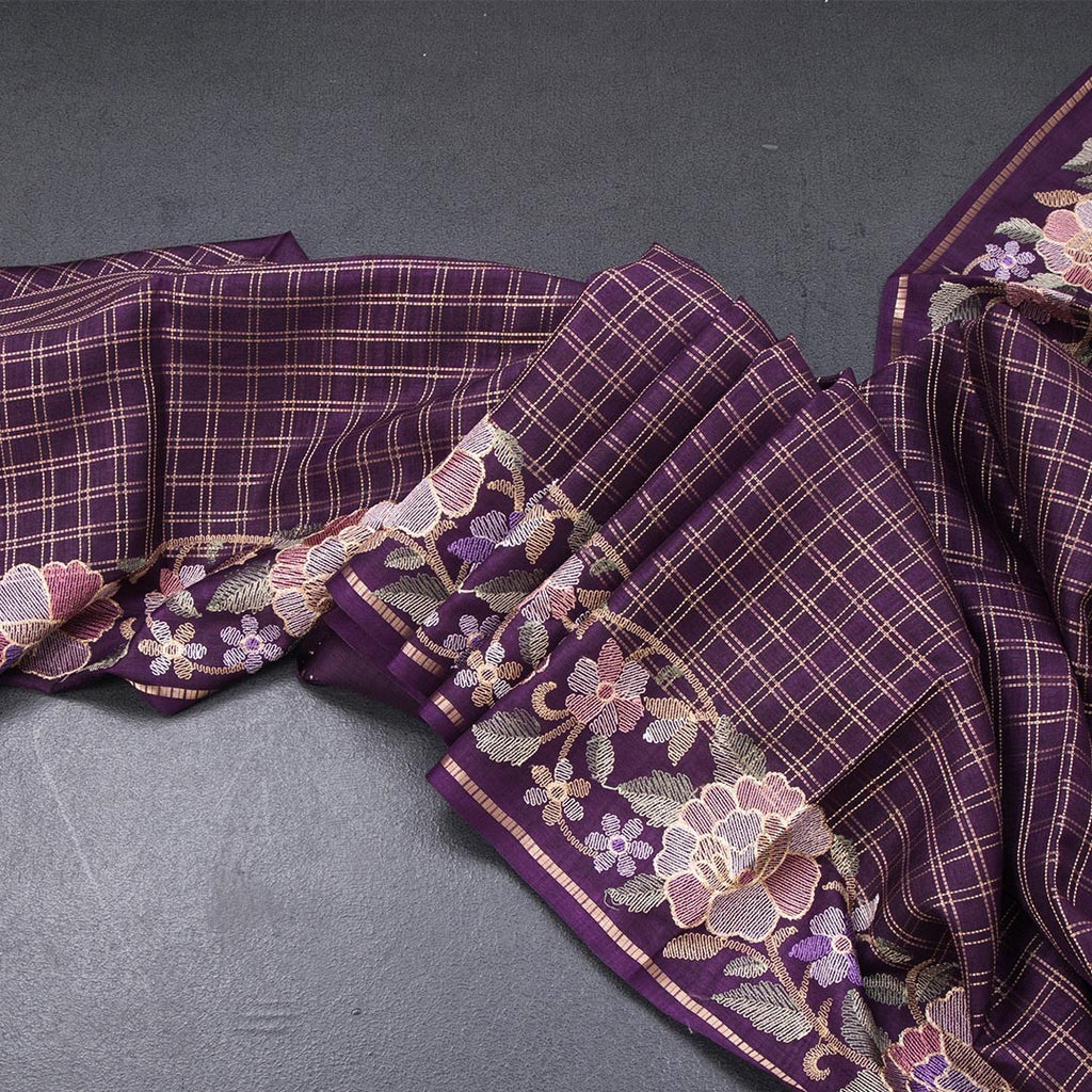 Raw Silk Dark Purple Zari Checked Saree And Floral Thread Border