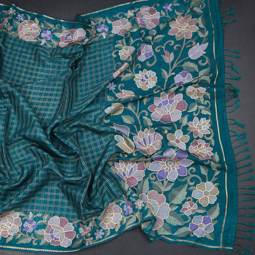 Raw Silk Peacock Green Zari Checked Saree And Floral Thread Border