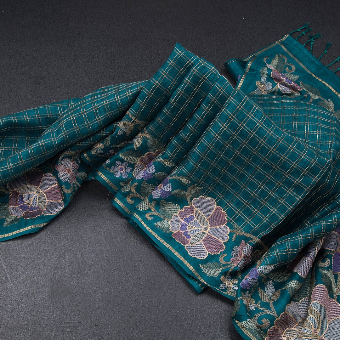 Raw Silk Peacock Green Zari Checked Saree And Floral Thread Border