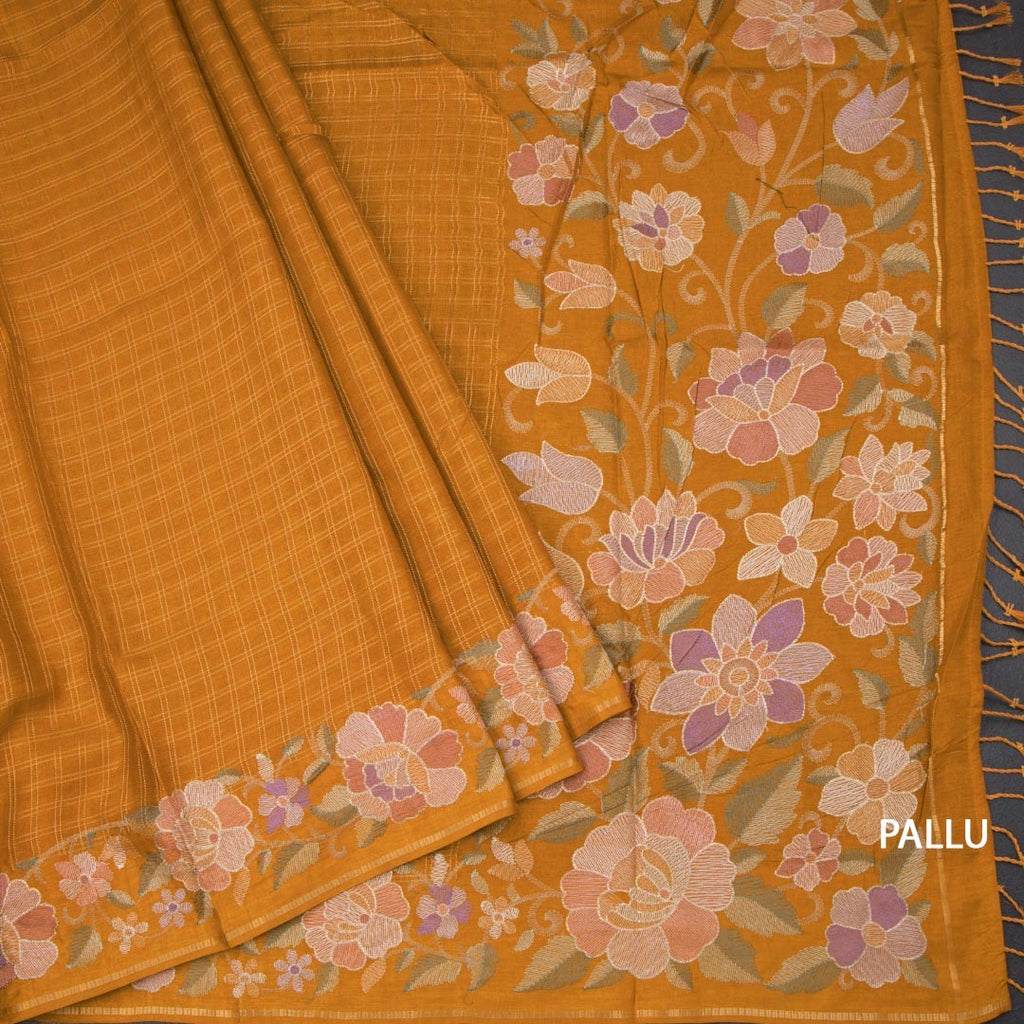 Raw Silk Mustard Yellow Zari Checked Saree And Floral Thread Border