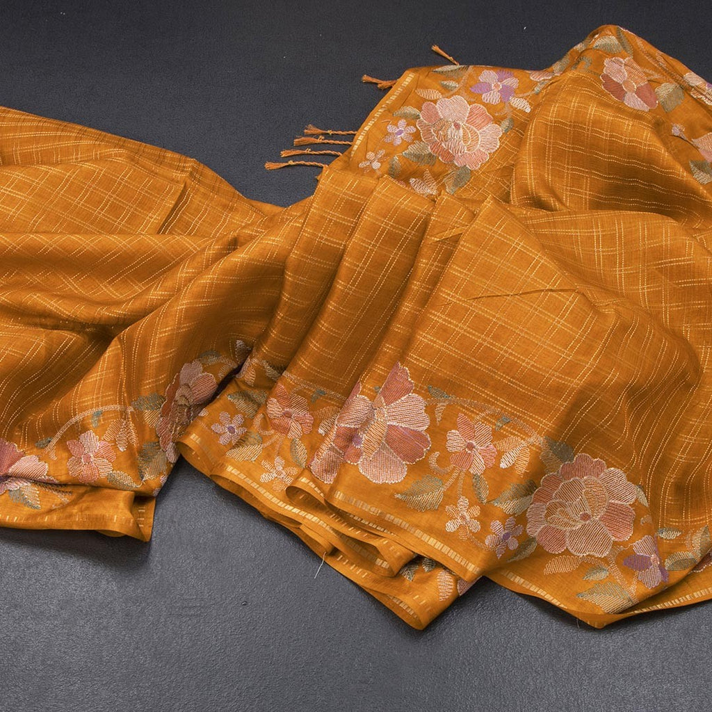 Raw Silk Mustard Yellow Zari Checked Saree And Floral Thread Border