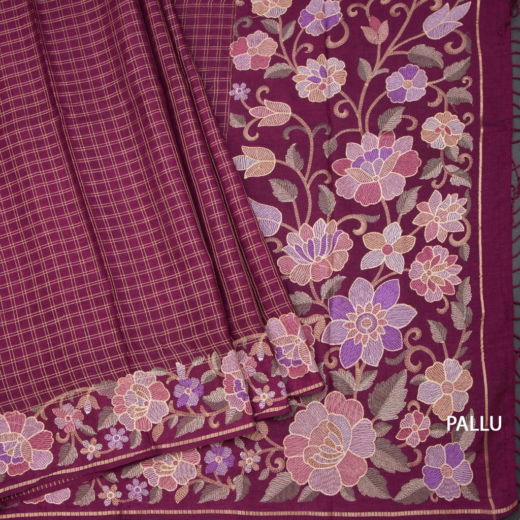 Raw Silk Wine Colour Zari Checked Saree And Floral Thread Border