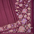 Raw Silk Wine Colour Zari Checked Saree And Floral Thread Border