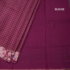 Raw Silk Wine Colour Zari Checked Saree And Floral Thread Border
