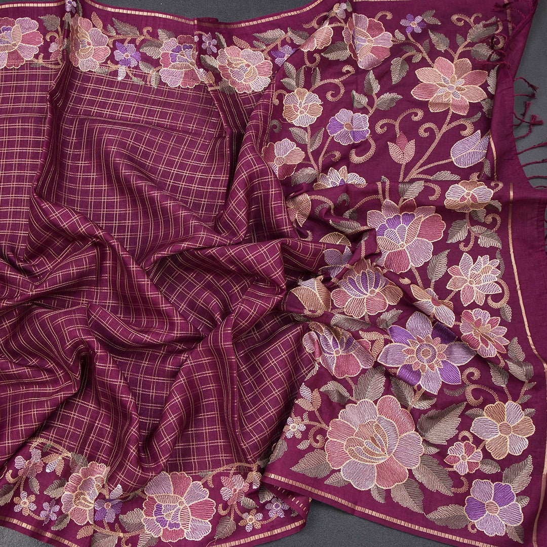 Raw Silk Wine Colour Zari Checked Saree And Floral Thread Border