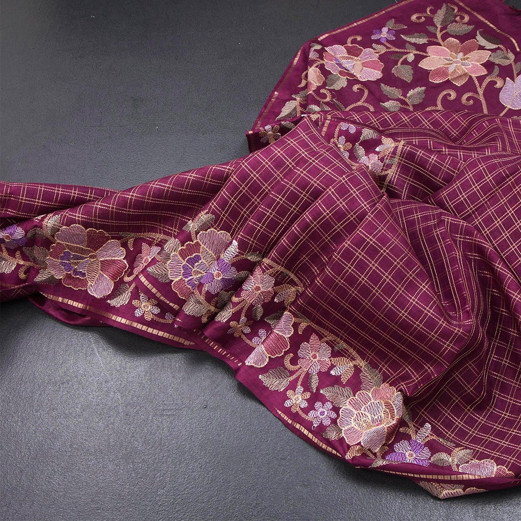 Raw Silk Wine Colour Zari Checked Saree And Floral Thread Border