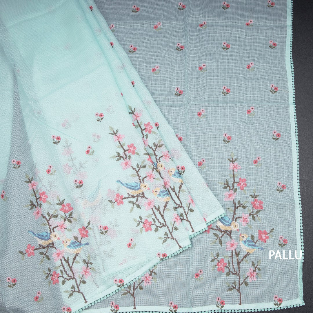 Kota Powder Blue Thread Work Saree In Tree Design