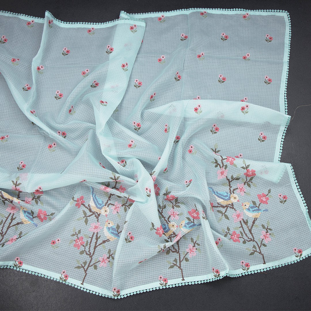 Kota Powder Blue Thread Work Saree In Tree Design