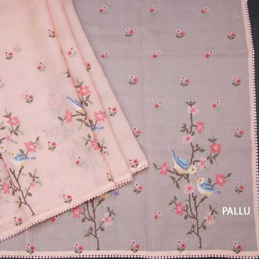 Kota Peach Thread Work Saree In Tree Design