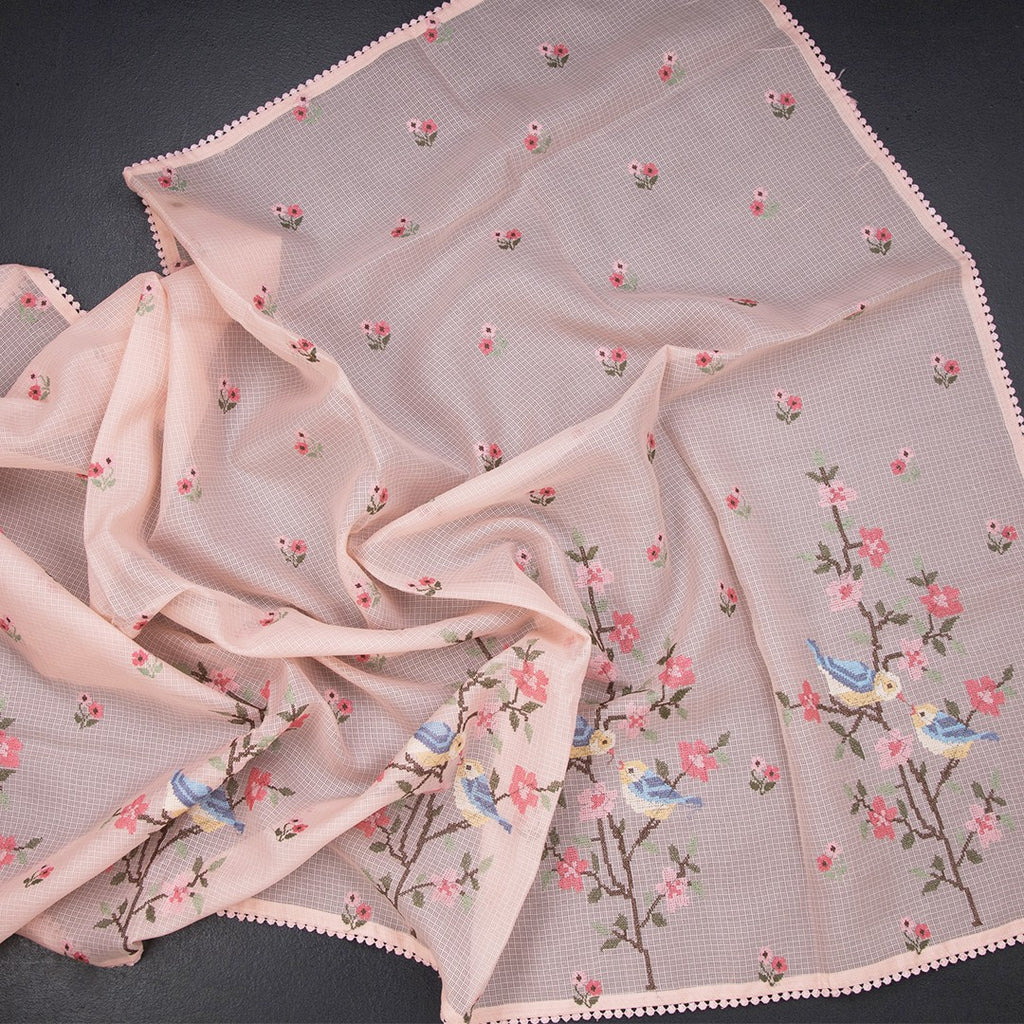 Kota Peach Thread Work Saree In Tree Design