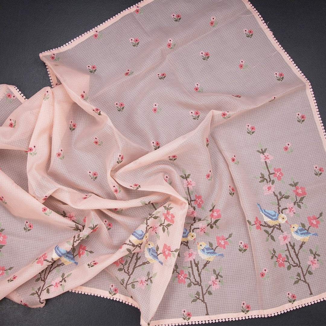 Kota Peach Thread Work Saree In Tree Design