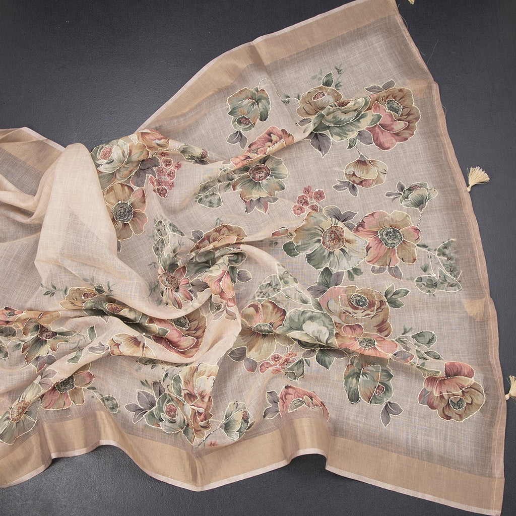 Linen Cream Saree With Floral Painted Sequence Work