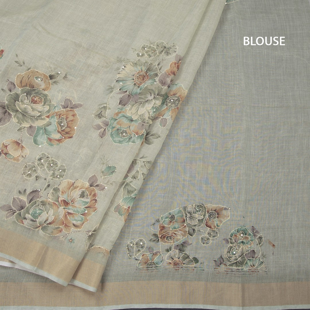 Linen Pista Green Saree With Floral Painted Sequence Work
