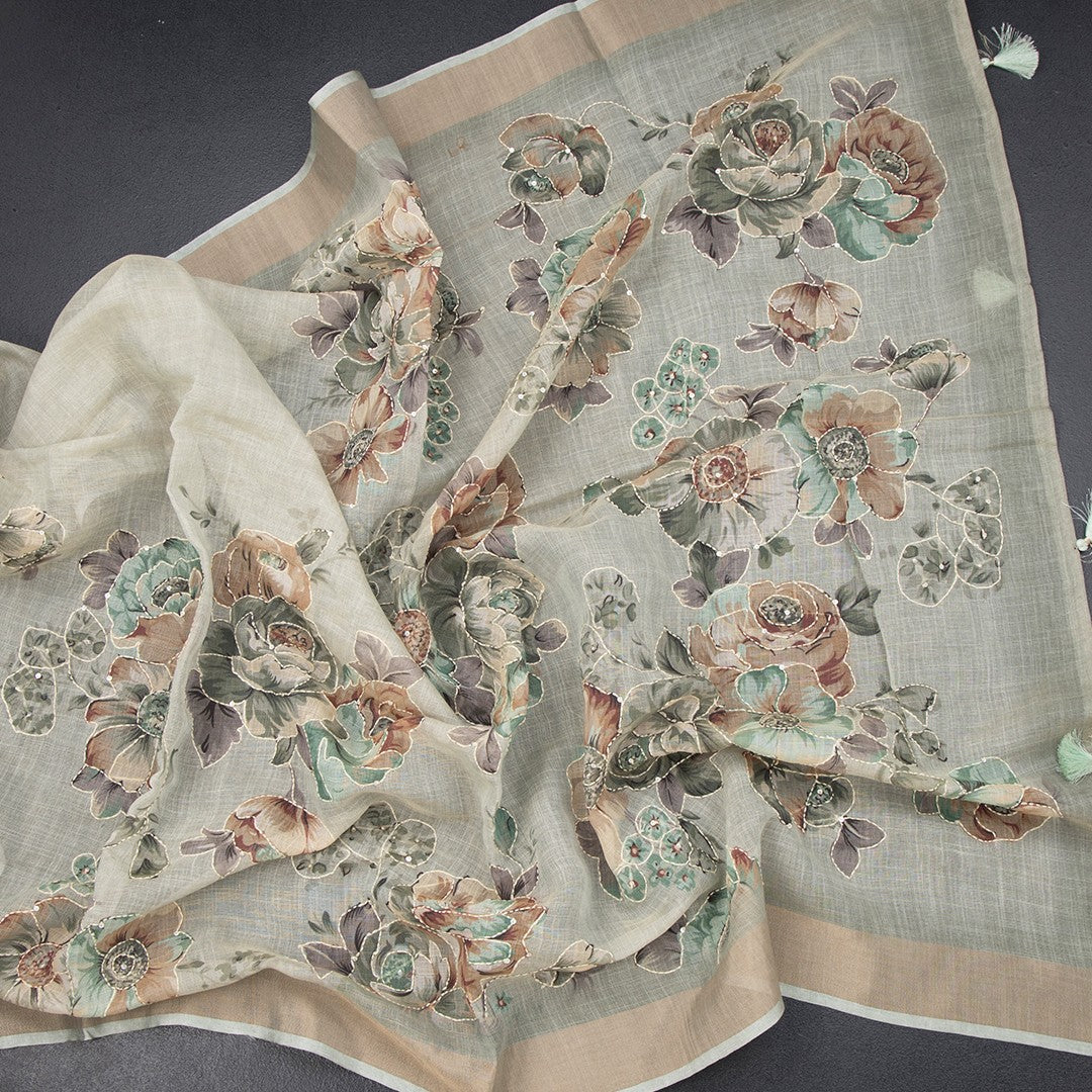 Linen Pista Green Saree With Floral Painted Sequence Work