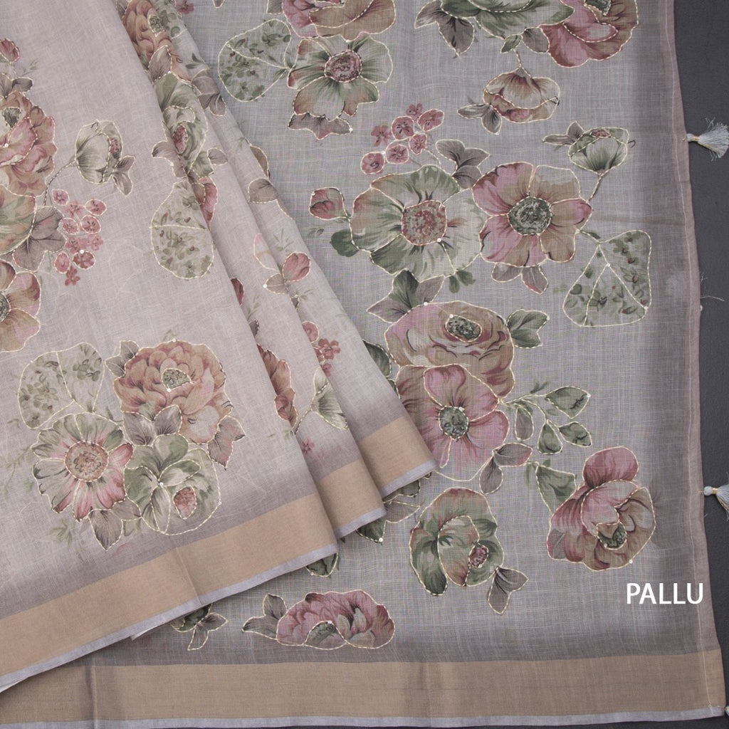 Linen Grey Saree With Floral Painted Sequence Work