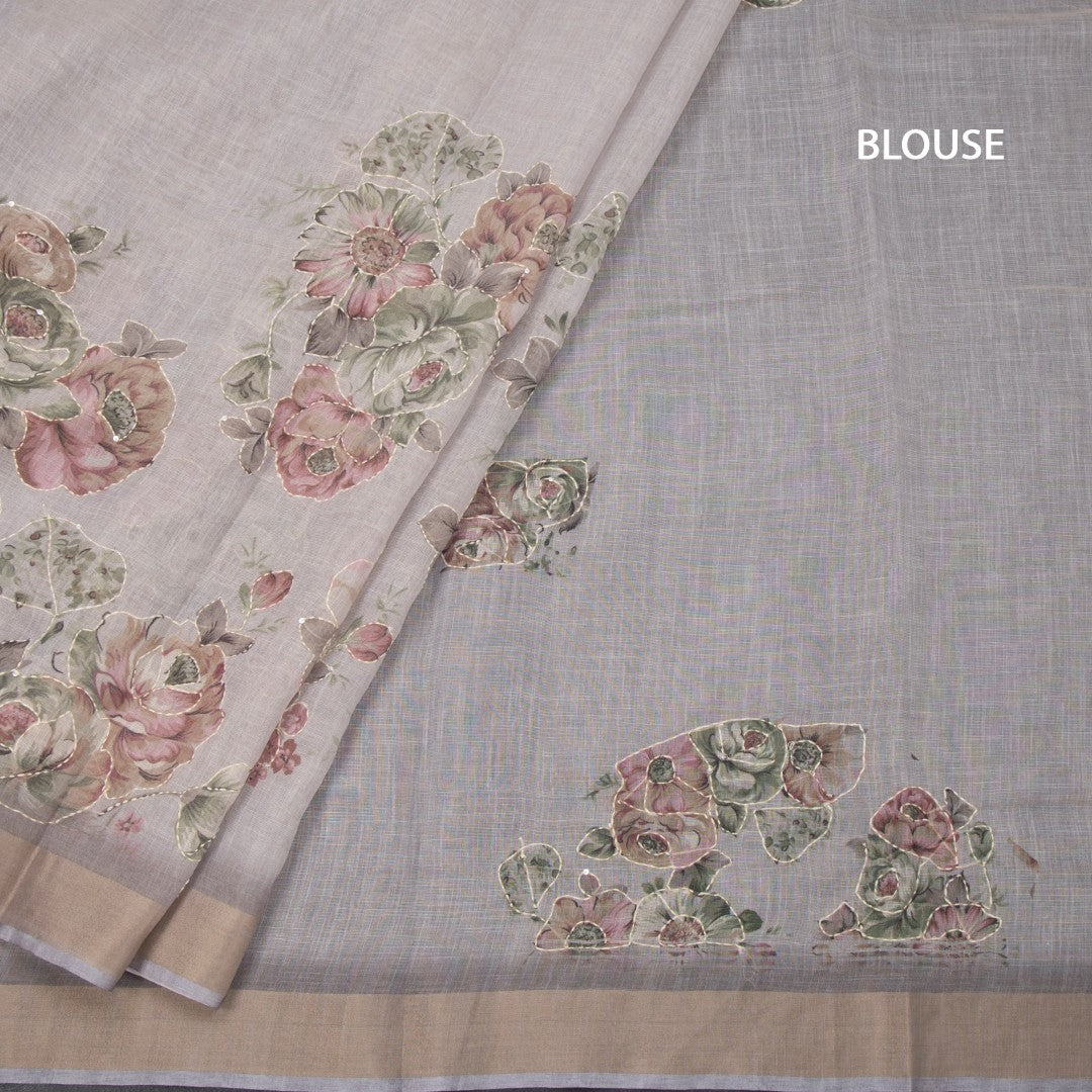 Linen Grey Saree With Floral Painted Sequence Work