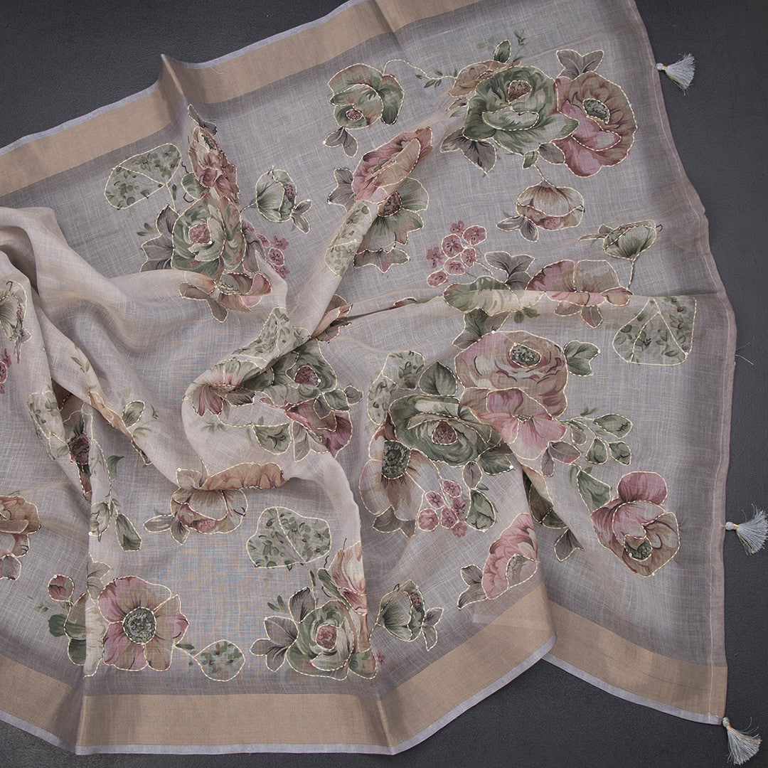 Linen Grey Saree With Floral Painted Sequence Work
