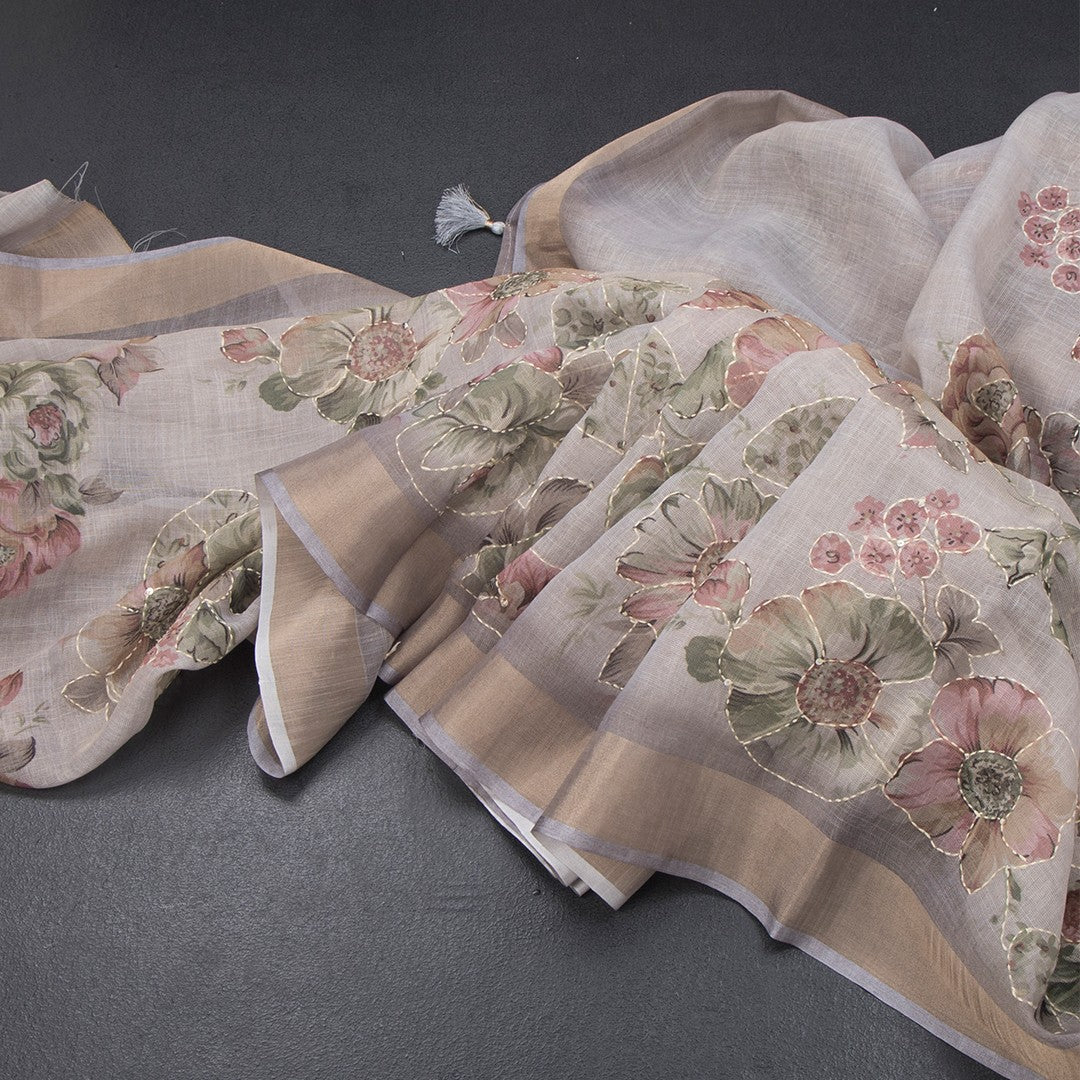Linen Grey Saree With Floral Painted Sequence Work