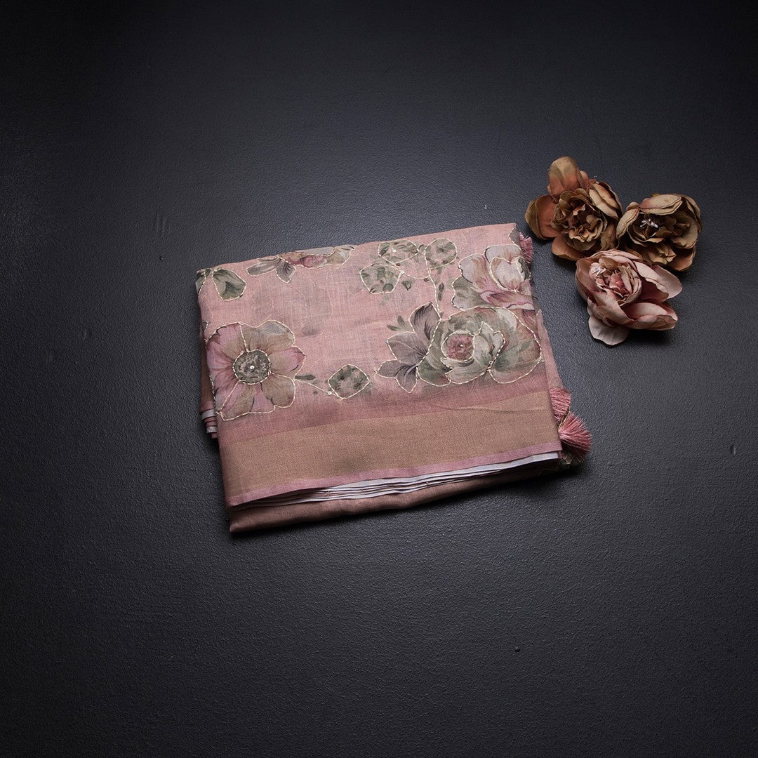 Linen Rose Pink Saree With Floral Painted Sequence Work