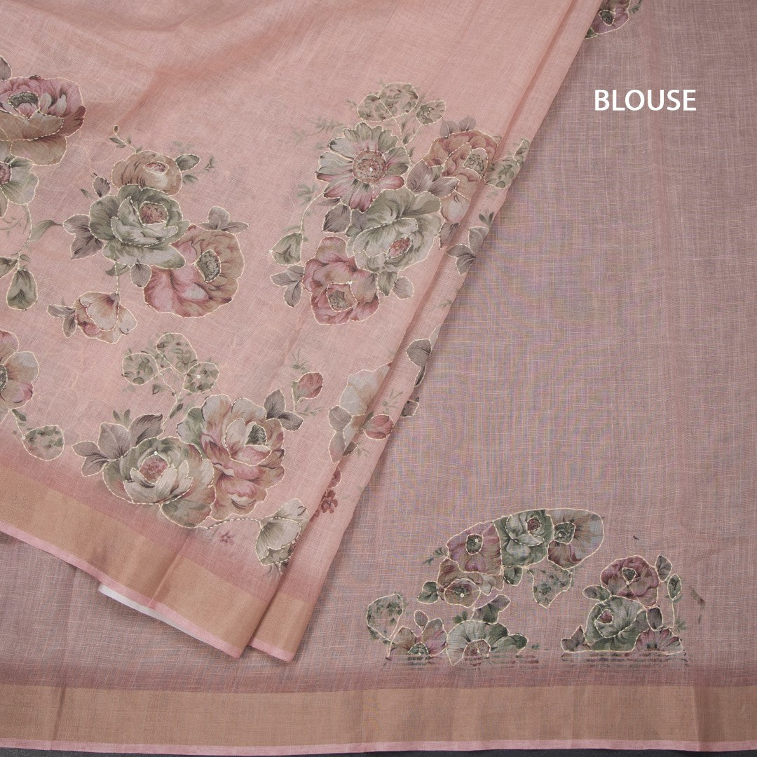 Linen Rose Pink Saree With Floral Painted Sequence Work