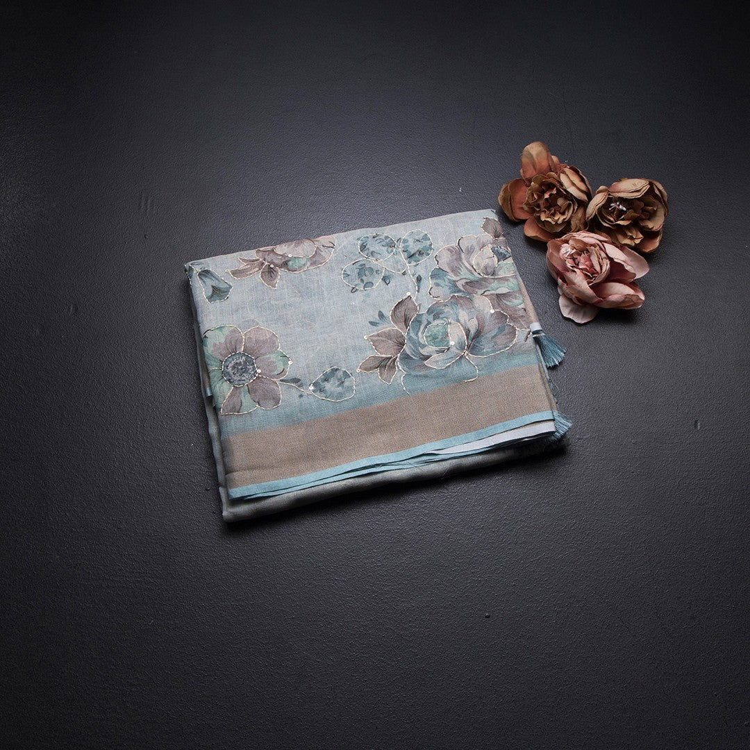 Linen Light Blue Saree With Floral Painted Sequence Work