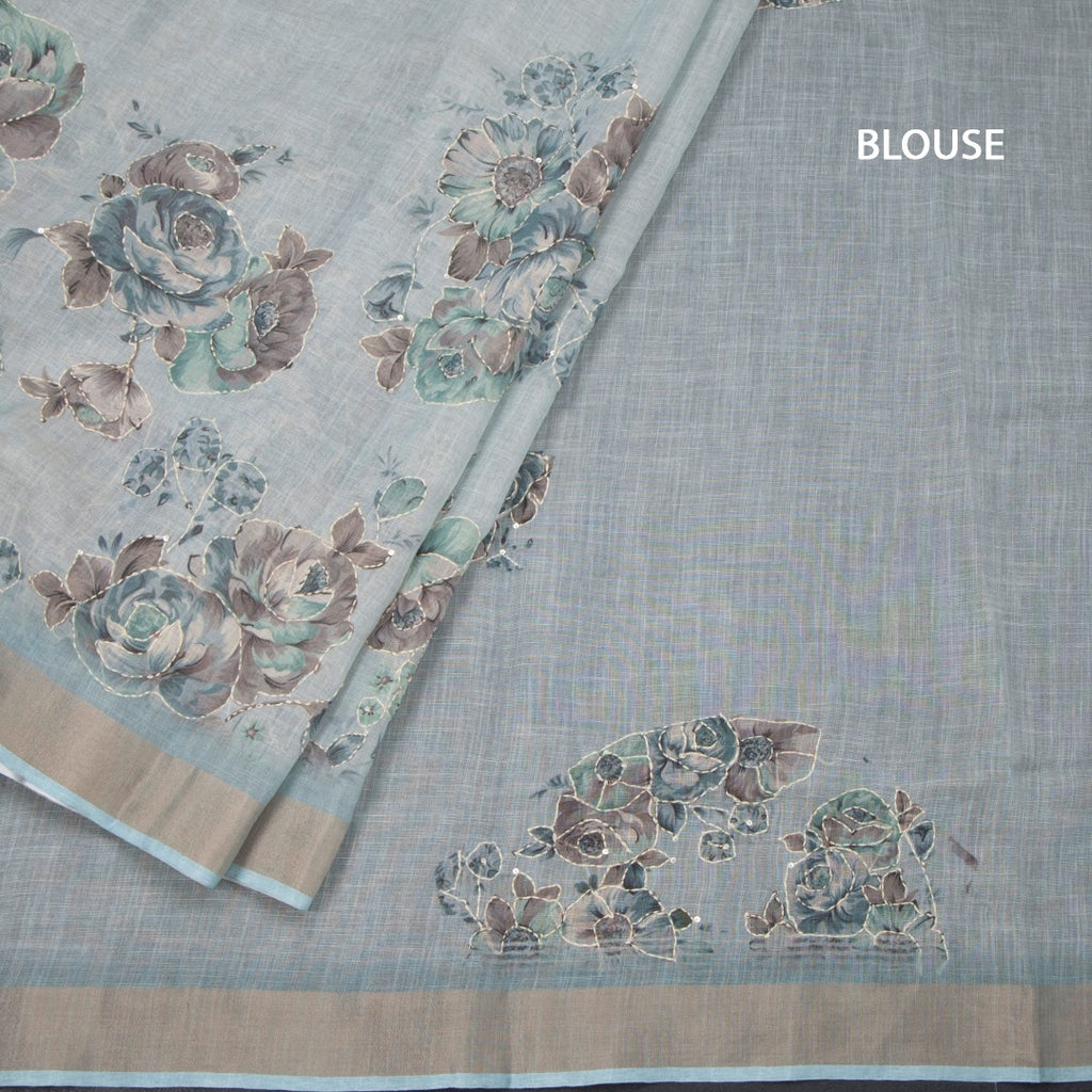 Linen Light Blue Saree With Floral Painted Sequence Work
