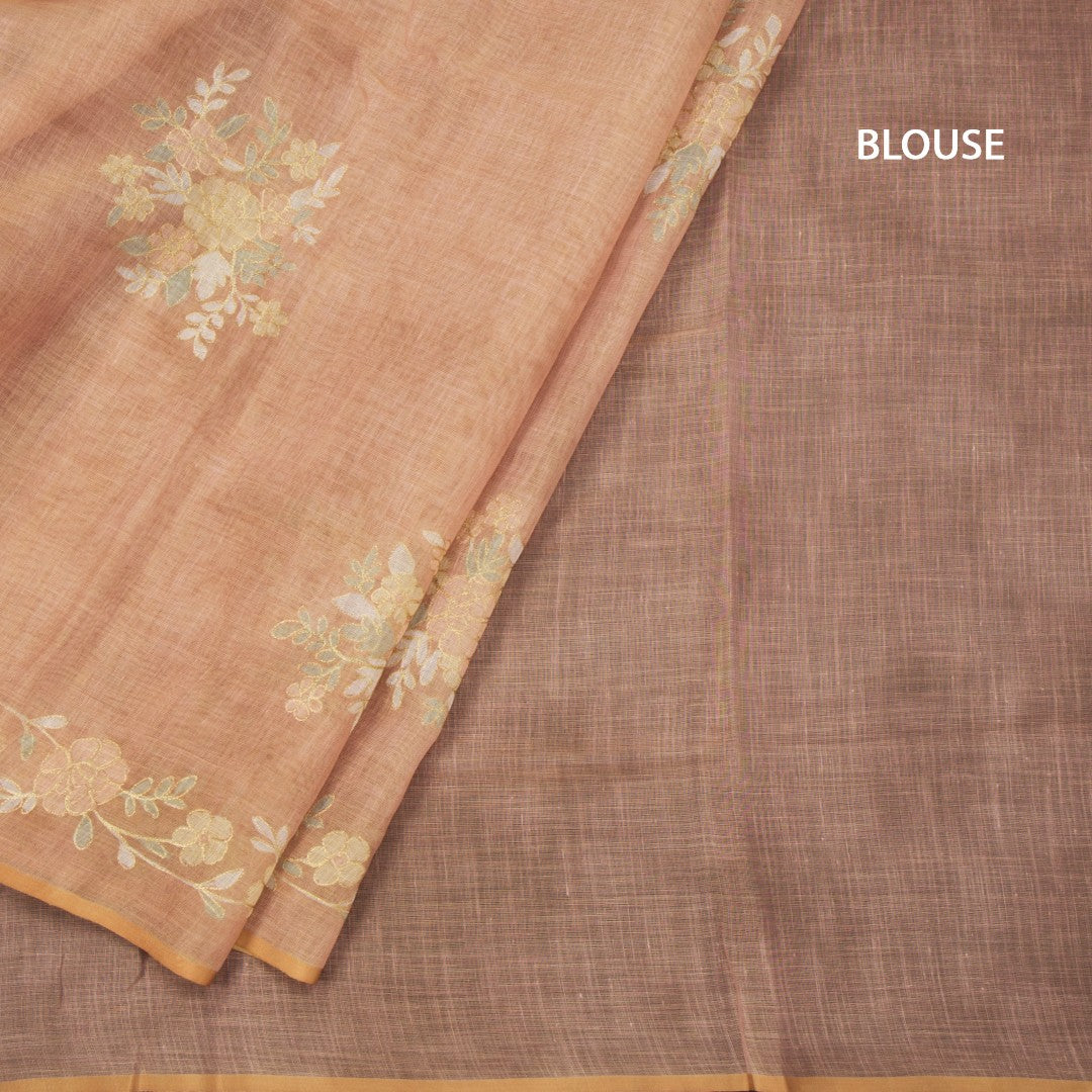 Linen Peach Saree With Painted Zari Thread Work