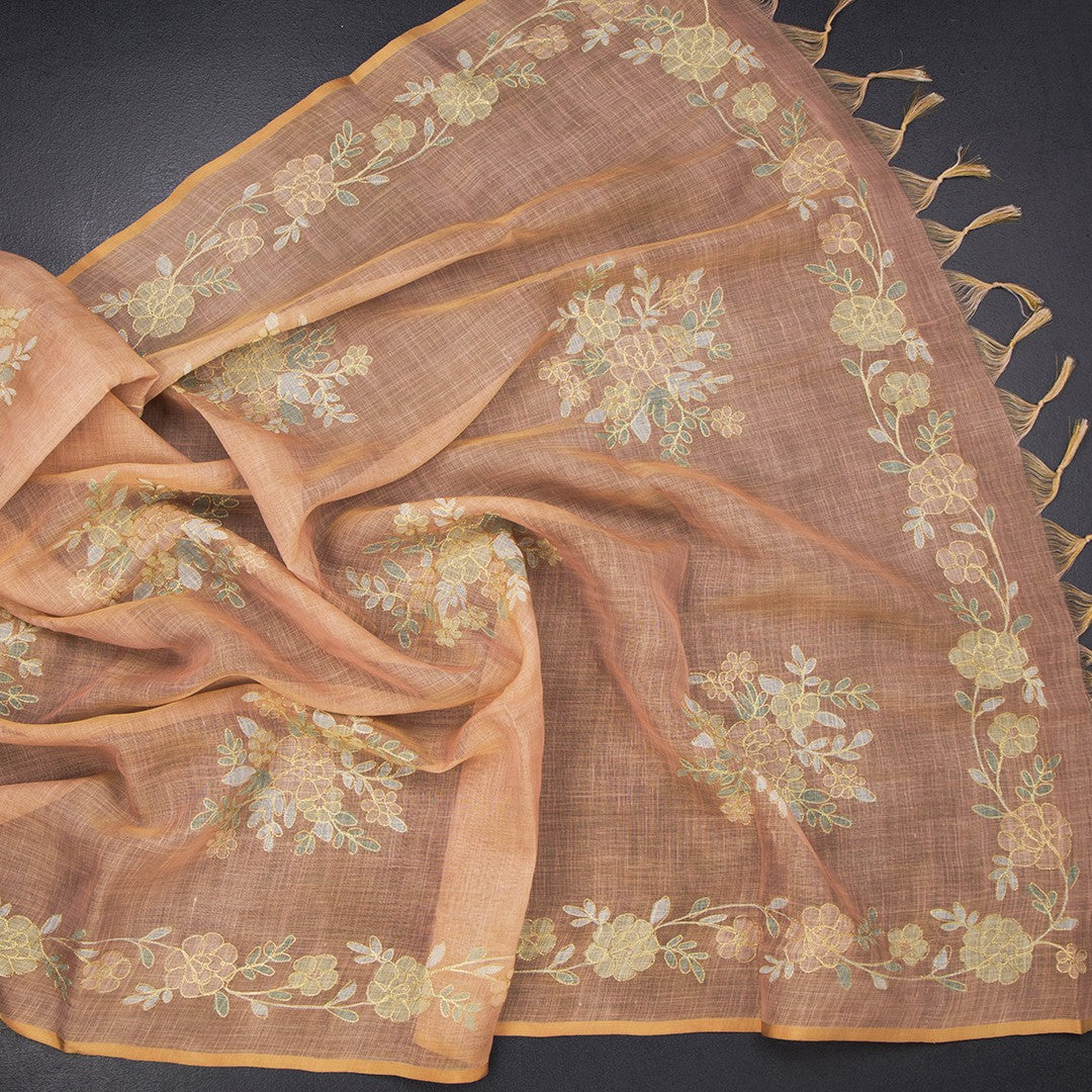 Linen Peach Saree With Painted Zari Thread Work