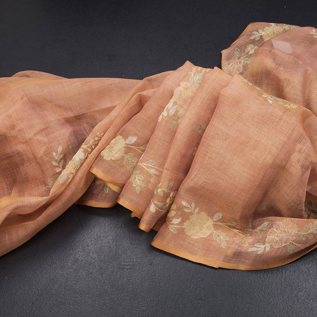 Linen Peach Saree With Painted Zari Thread Work
