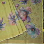 Linen Lime Green Saree With Floral Painted Sequence Work