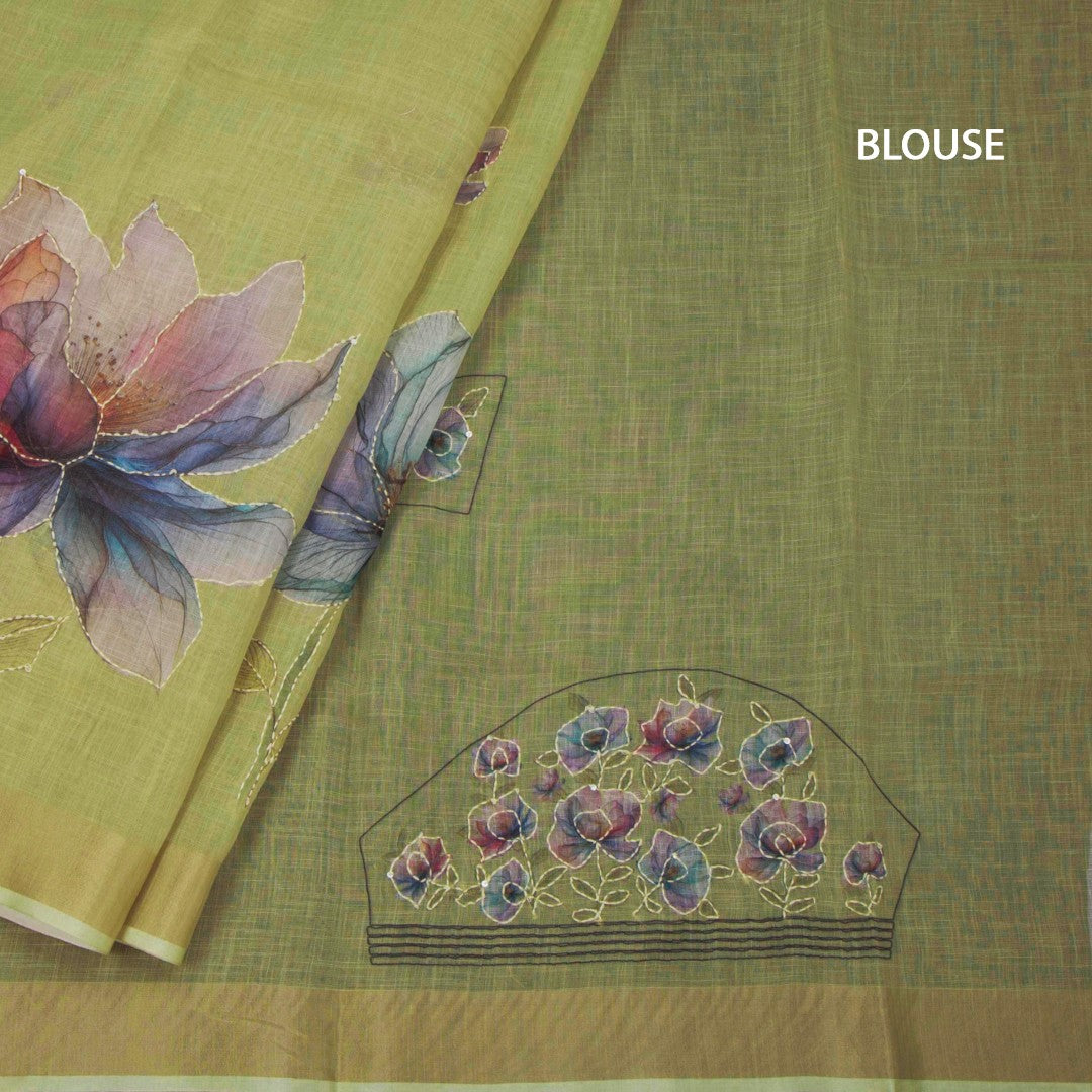 Linen Lime Green Saree With Floral Painted Sequence Work