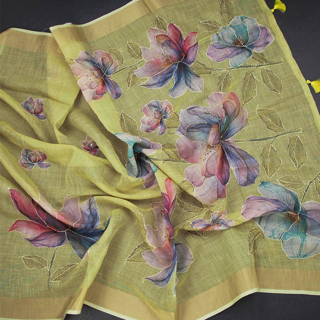 Linen Lime Green Saree With Floral Painted Sequence Work
