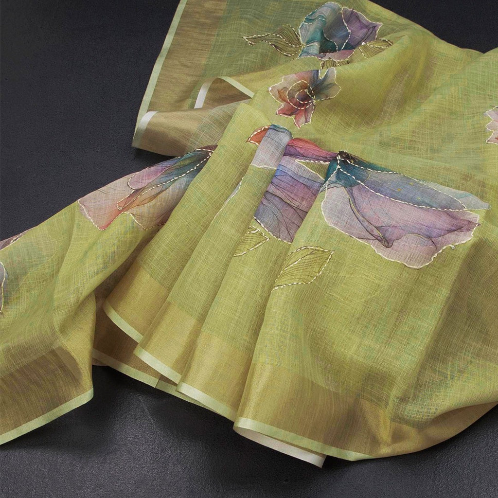 Linen Lime Green Saree With Floral Painted Sequence Work