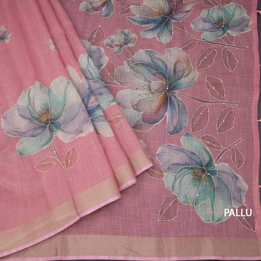 Linen Rose Pink Saree With Floral Painted Sequence Work 02